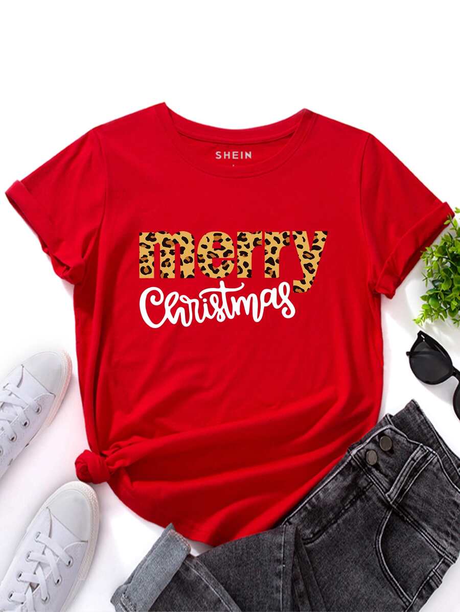 INAWLY Christmas & Leopard Print Tee - Red - View 1