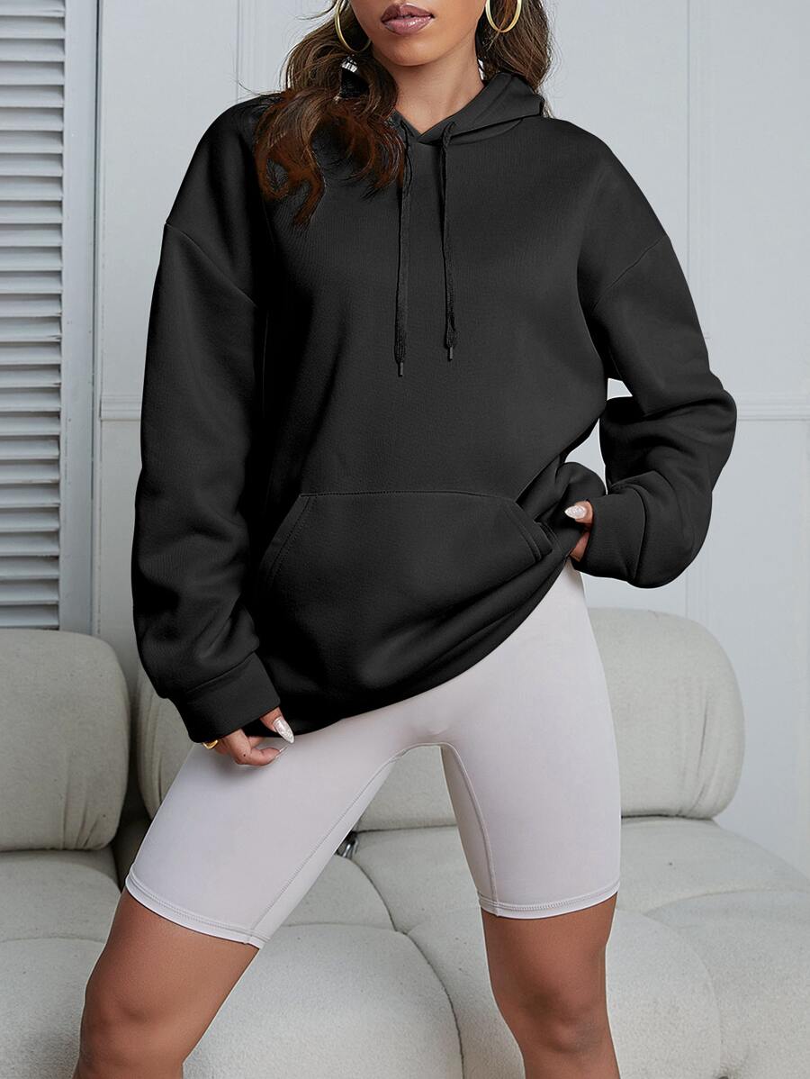 SHEIN EZwear 素色袋鼠口袋抽繩落肩袖連帽衫 - 黑色 - 查看 1