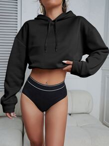 SHEIN EZwear 素色袋鼠口袋抽繩落肩袖連帽衫 - 黑色 - 查看 3