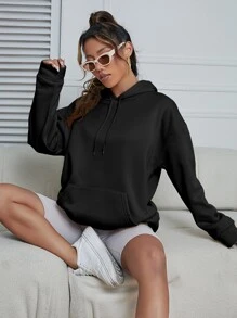 SHEIN EZwear 素色袋鼠口袋抽繩落肩袖連帽衫 - 黑色 - 查看 4