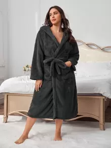 Bata con bordado de estrella con capucha con cinturón franela - Gris Oscuro - Ver 1