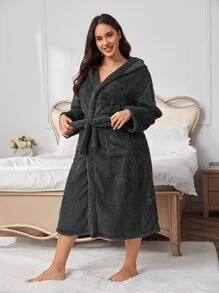 Bata con bordado de estrella con capucha con cinturón franela - Gris Oscuro - Ver 3