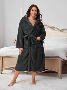 Bata con bordado de estrella con capucha con cinturón franela - Gris Oscuro - Ver 4