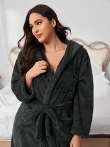 Bata con bordado de estrella con capucha con cinturón franela - Gris Oscuro - Ver 5