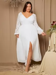 SHEIN Belle 大碼高衩V領蕾絲燈籠袖婚紗連衣裙 - 白色 - 查看 2