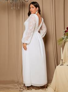 SHEIN Belle 大碼高衩V領蕾絲燈籠袖婚紗連衣裙 - 白色 - 查看 3