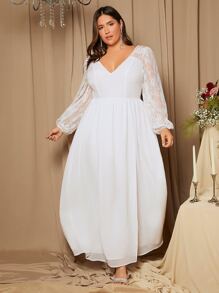 SHEIN Belle 大碼高衩V領蕾絲燈籠袖婚紗連衣裙 - 白色 - 查看 1