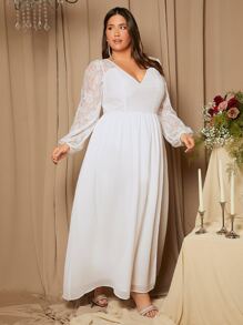 SHEIN Belle 大碼高衩V領蕾絲燈籠袖婚紗連衣裙 - 白色 - 查看 5