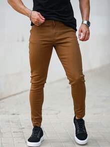 男士素色緊身牛仔褲 - 棕色 - 查看 1