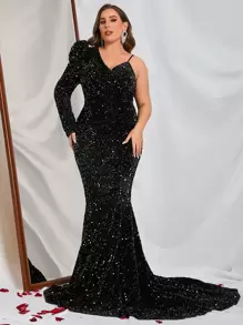 Plus Asymmetrical Neck Floor Length Sequin Prom Dress - Black - View 3