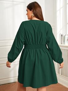 SHEIN Clasi Plus Surplice Neck Lantern Sleeve Dress - Dark Green - View 2
