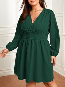 SHEIN Clasi Plus Surplice Neck Lantern Sleeve Dress - Dark Green - View 5