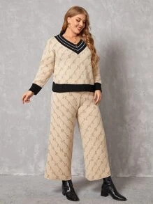 SHEIN LUNE 大碼字母圖案條紋飾邊落肩袖板球毛衣和針織褲 - 卡其色 - 查看 4