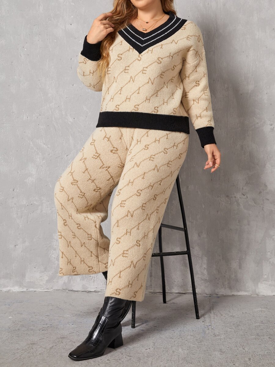 SHEIN LUNE 大碼字母圖案條紋飾邊落肩袖板球毛衣和針織褲 - 卡其色 - 查看 1