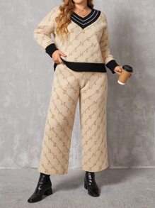 SHEIN LUNE 大碼字母圖案條紋飾邊落肩袖板球毛衣和針織褲 - 卡其色 - 查看 5