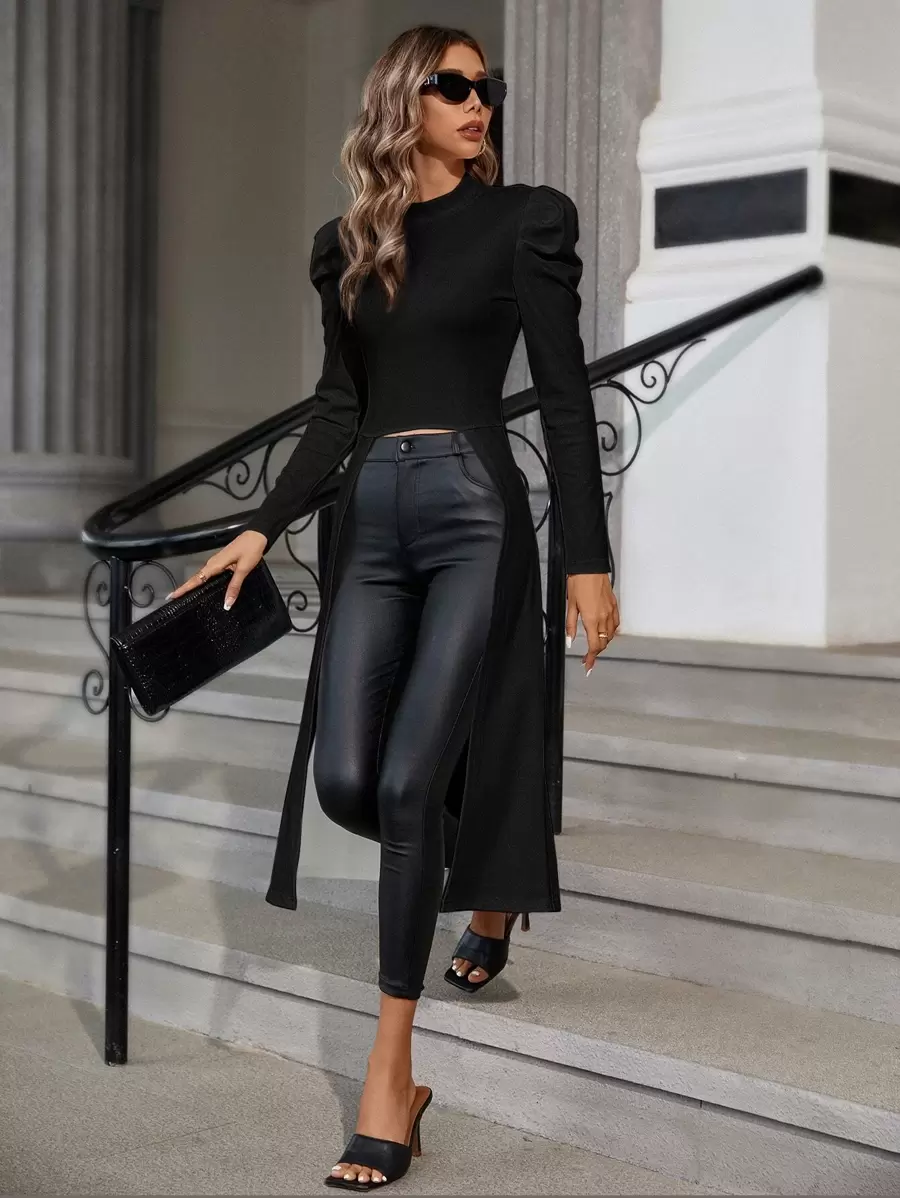 SHEIN Privé Mock Neck Gigot Sleeve Split Hem Tee - Black - View 1