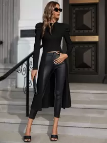 SHEIN Privé Mock Neck Gigot Sleeve Split Hem Tee - Black - View 3