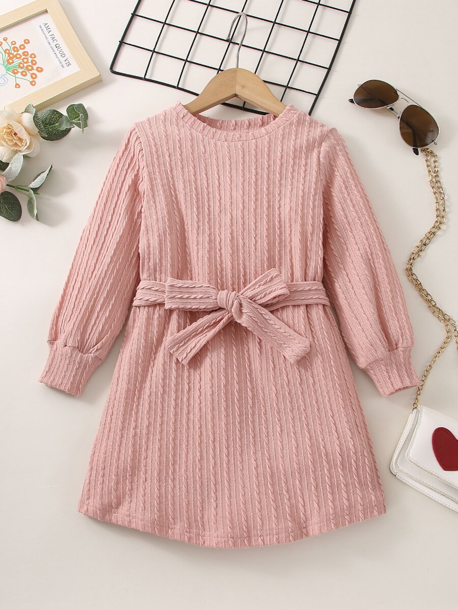 小女童素色繫腰帶洋裝 - 粉色 - 查看 1