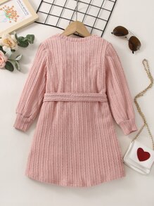 小女童素色繫腰帶洋裝 - 粉色 - 查看 2
