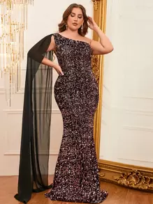 Plus One Shoulder Draped Side Sequin Formal Dress - Maroon - View 4