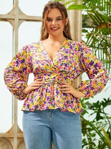 S BETRO Blusa peplum con estampado floral fruncido - Multicolor - Ver 1