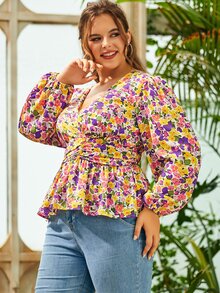 S BETRO Blusa peplum con estampado floral fruncido - Multicolor - Ver 4