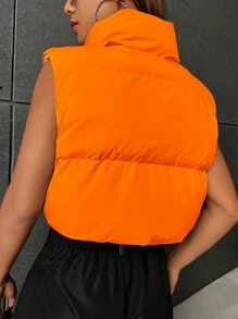 SHEIN EZwear 拉鏈開襟抽繩羽絨背心大衣 - 橘色 - 查看 2