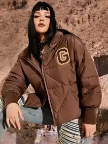 Flirla Abrigo con parche de letra de hombros caídos cremallera con capucha - Marrón - Ver 1