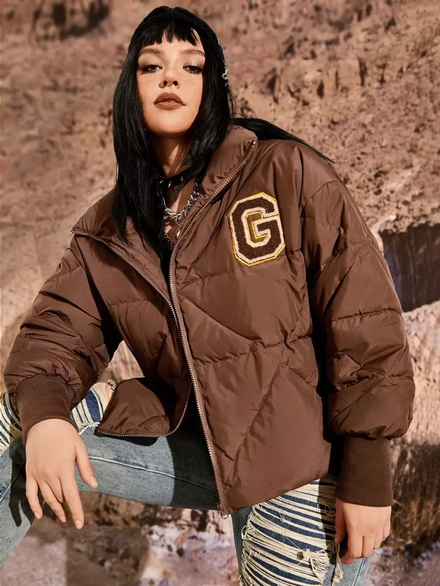 Flirla Abrigo con parche de letra de hombros caídos cremallera con capucha - Marrón - Ver 1