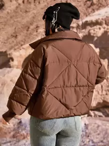 Flirla Abrigo con parche de letra de hombros caídos cremallera con capucha - Marrón - Ver 2