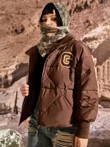 Flirla Abrigo con parche de letra de hombros caídos cremallera con capucha - Marrón - Ver 3