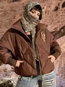 Flirla Abrigo con parche de letra de hombros caídos cremallera con capucha - Marrón - Ver 4