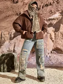 Flirla Abrigo con parche de letra de hombros caídos cremallera con capucha - Marrón - Ver 5