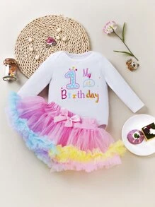 Đứa bé gái Đồ họa Khẩu hiệu Áo liền quần chặt & Lưới tương phản Nơ mặt trước Váy - Nhiều màu - Xem 1