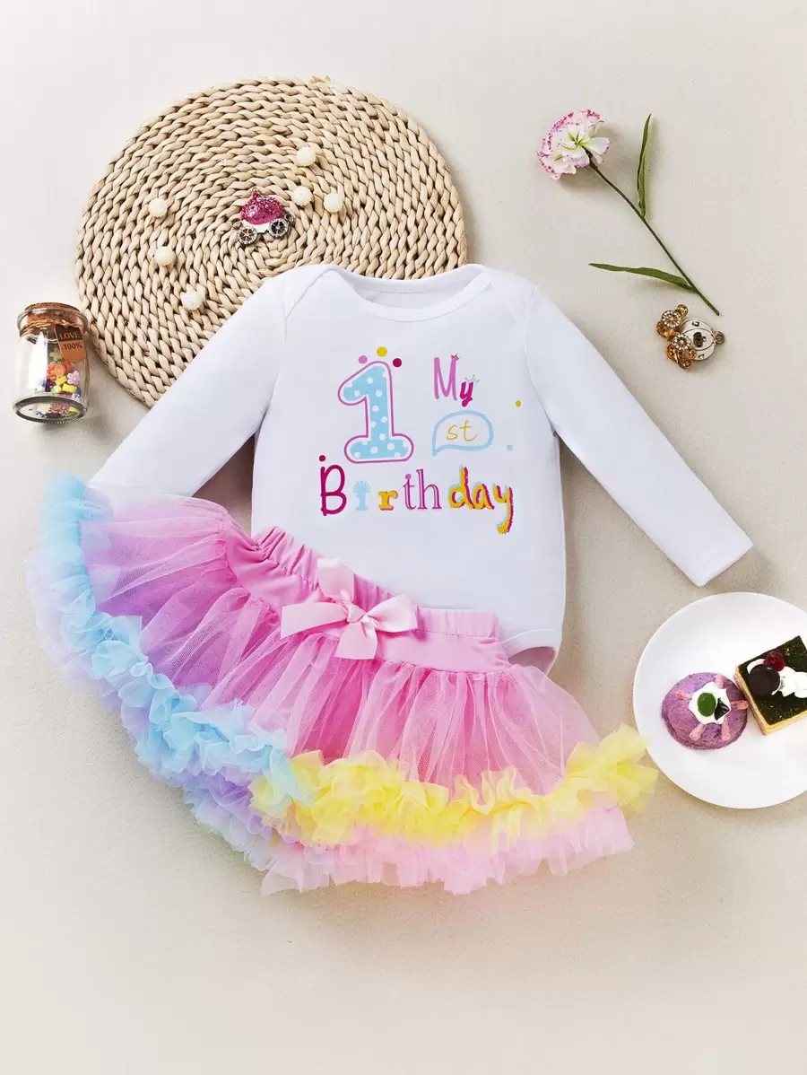 Đứa bé gái Đồ họa Khẩu hiệu Áo liền quần chặt & Lưới tương phản Nơ mặt trước Váy - Nhiều màu - Xem 1