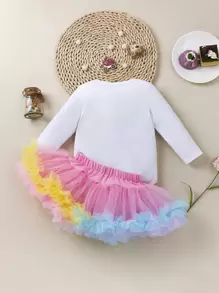 Đứa bé gái Đồ họa Khẩu hiệu Áo liền quần chặt & Lưới tương phản Nơ mặt trước Váy - Nhiều màu - Xem 2