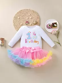 Đứa bé gái Đồ họa Khẩu hiệu Áo liền quần chặt & Lưới tương phản Nơ mặt trước Váy - Nhiều màu - Xem 3