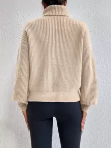 Celisse Rib-Knit Turtleneck Drop Shoulder Sweater,Long Sleeve Tops Knit Pullover Fall Winter Outfit - Beige - View 2