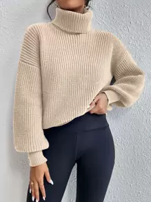 Celisse Rib-Knit Turtleneck Drop Shoulder Sweater,Long Sleeve Tops Knit Pullover Fall Winter Outfit - Beige - View 5
