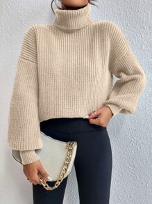 Celisse Rib-Knit Turtleneck Drop Shoulder Sweater,Long Sleeve Tops Knit Pullover Fall Winter Outfit - Beige - View 6