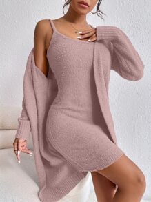 Celisse Solid Cami Sweater Dress & Drop Shoulder Cardigan - Dusty Pink - View 3