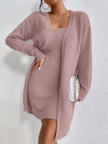 Celisse Solid Cami Sweater Dress & Drop Shoulder Cardigan - Dusty Pink - View 7