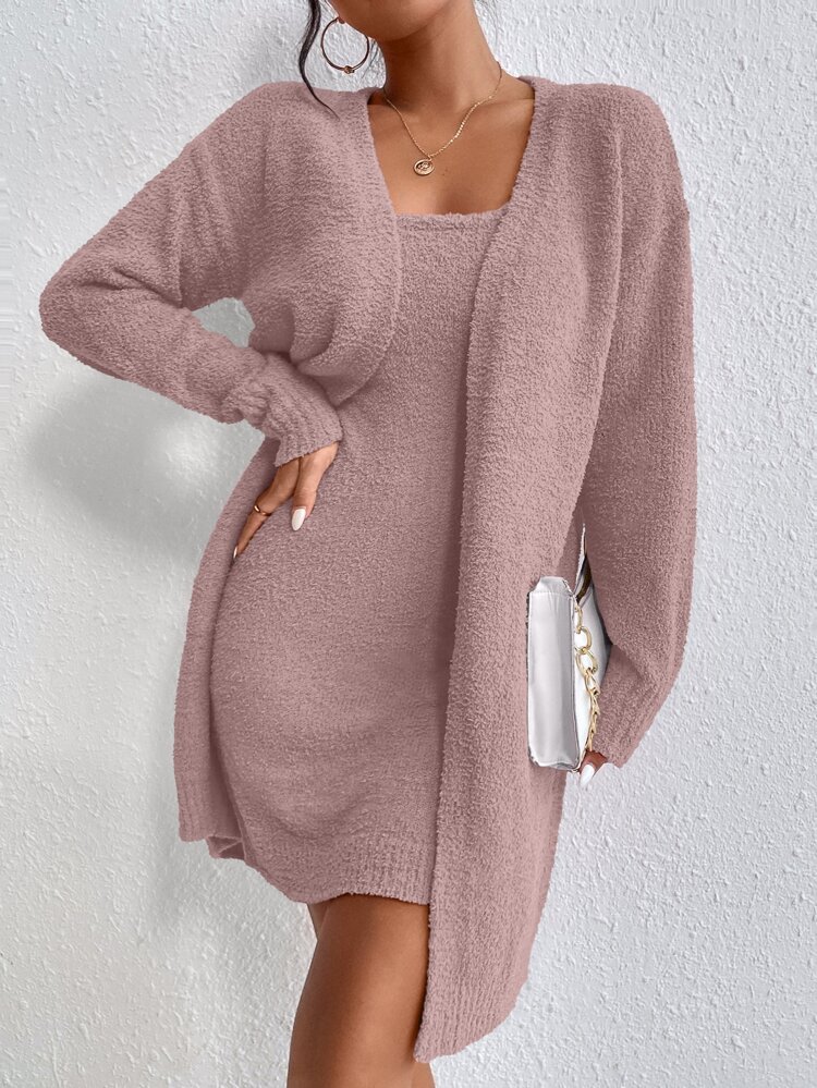 Solid Cami Sweater Dress & Drop Shoulder Cardigan