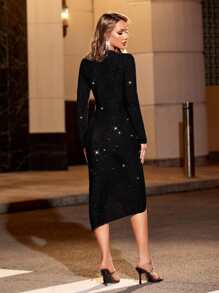 Zolique Ruched Wrap Hem Bodycon Dress - Black - View 2