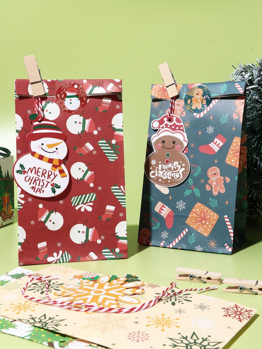 4 件裝聖誕主題方底禮品袋,4 色 - 彩色 - 查看 1