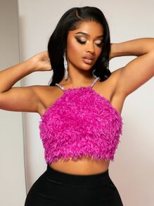 SHEIN SXY Top de tirantes con diamante de imitación con tira de peluche - Rosa Fucsia - Ver 1
