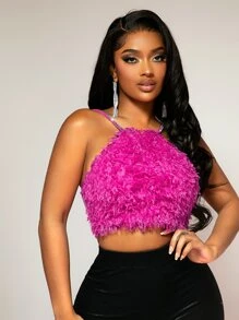 SHEIN SXY Top de tirantes con diamante de imitación con tira de peluche - Rosa Fucsia - Ver 5