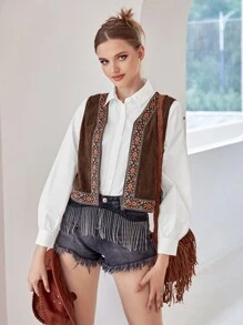 SHEIN MOD Contrast Tape Open Front Vest Jacket - Chocolate Brown - View 3