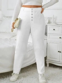 SHEIN EZwear Plus High Waist Button Fly Trousers - White - View 3