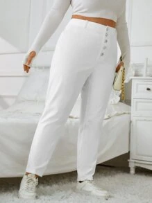 SHEIN EZwear Plus High Waist Button Fly Trousers - White - View 1